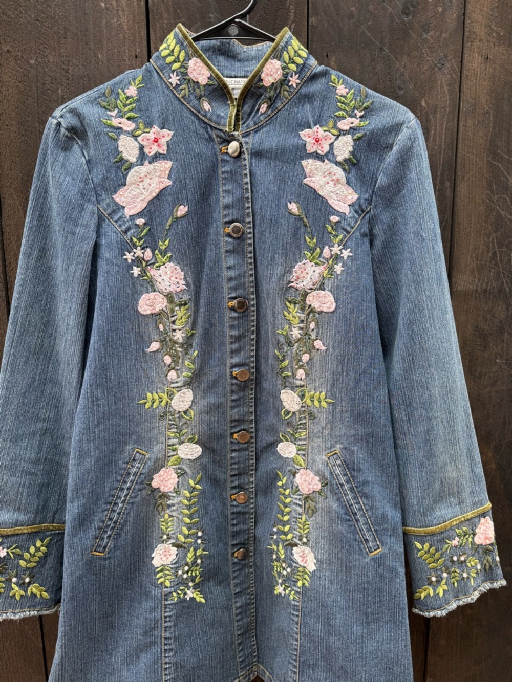 Simon Chang Spring Embroidered Denim Coat, Thigh Length, Size 6